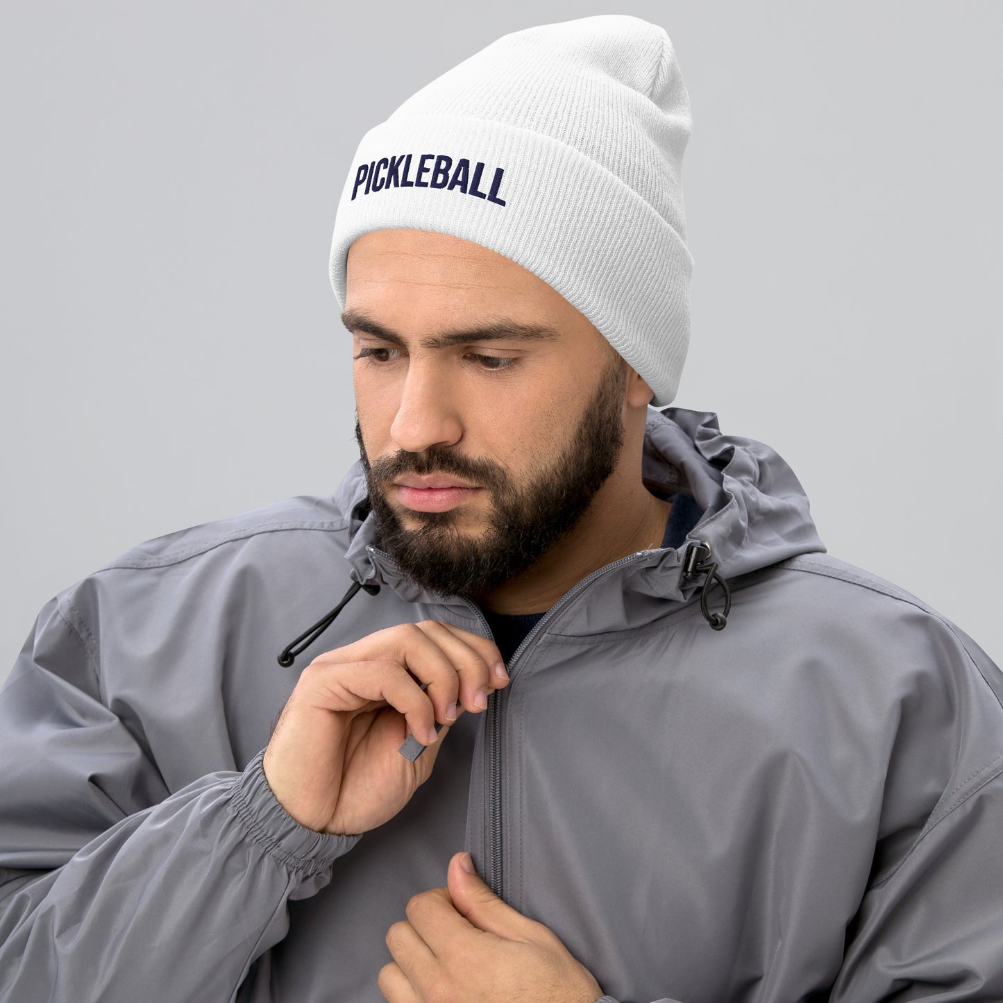 Embroidered White Pickleball Text Cuffed Beanie