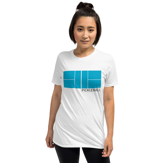 Women's White Pickleball Shirt | Pickleball Court and Small Text